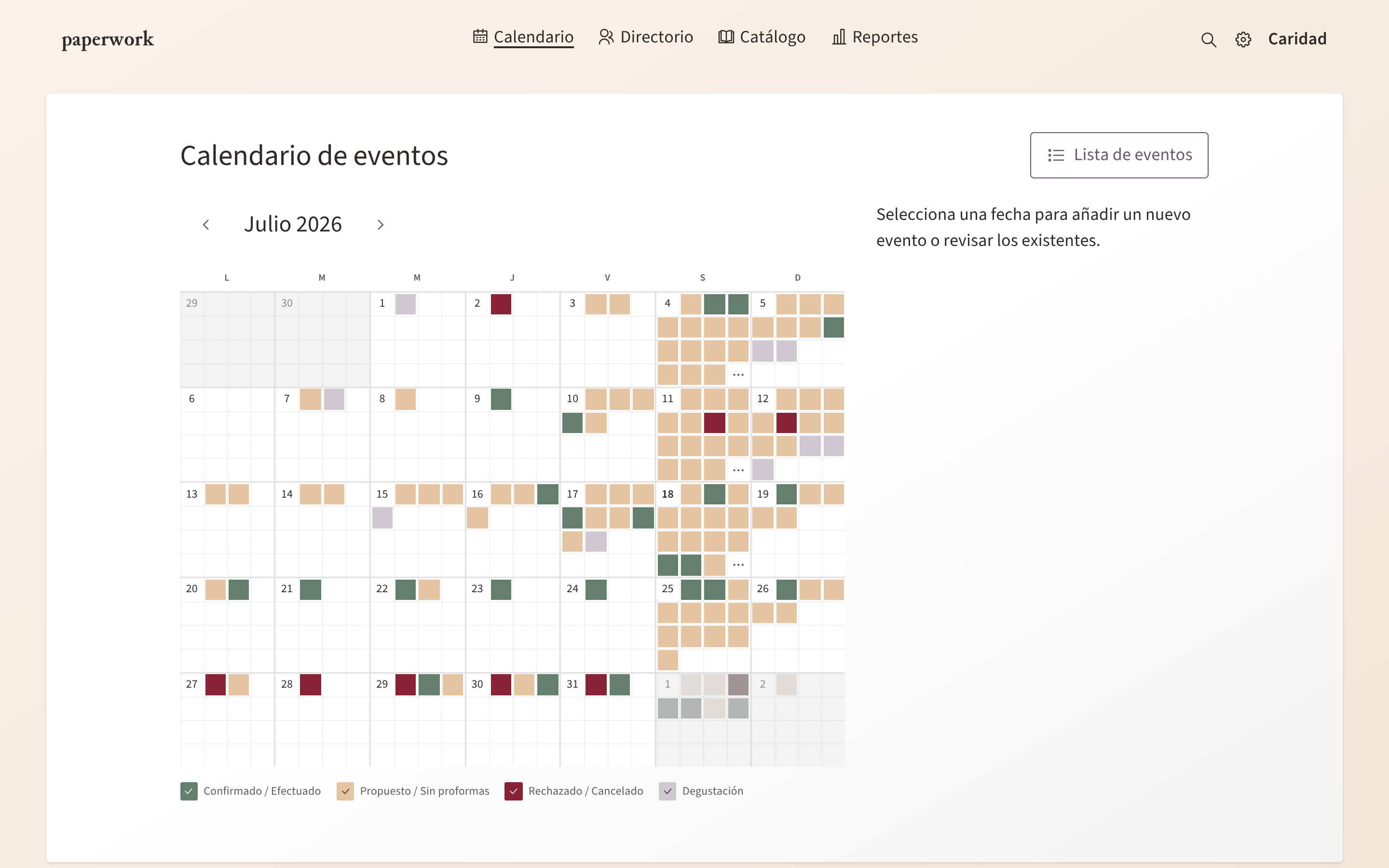 El calendario de Paperwork con eventos en varios estados