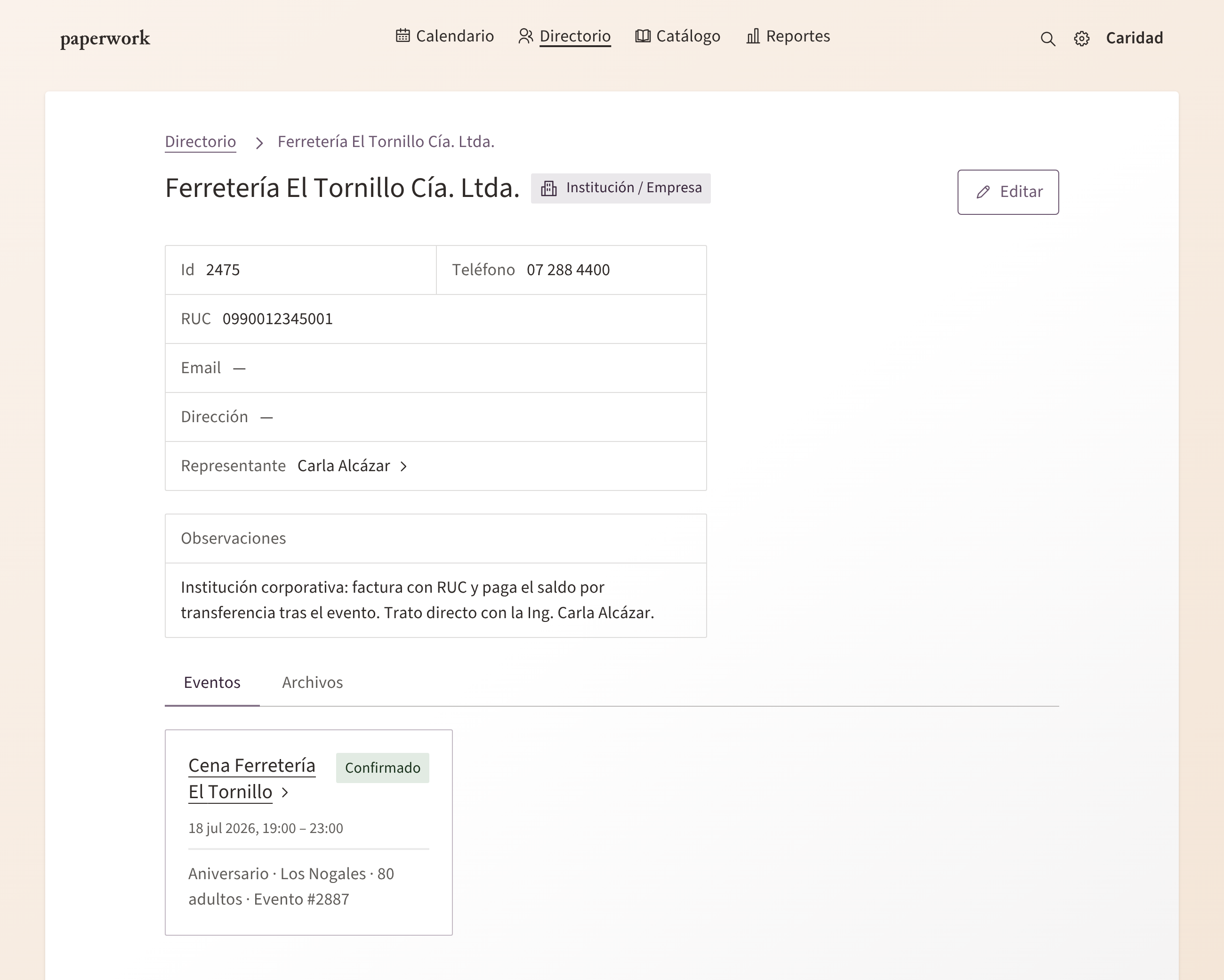 La página de un cliente institución, con su representante, sus observaciones y sus eventos