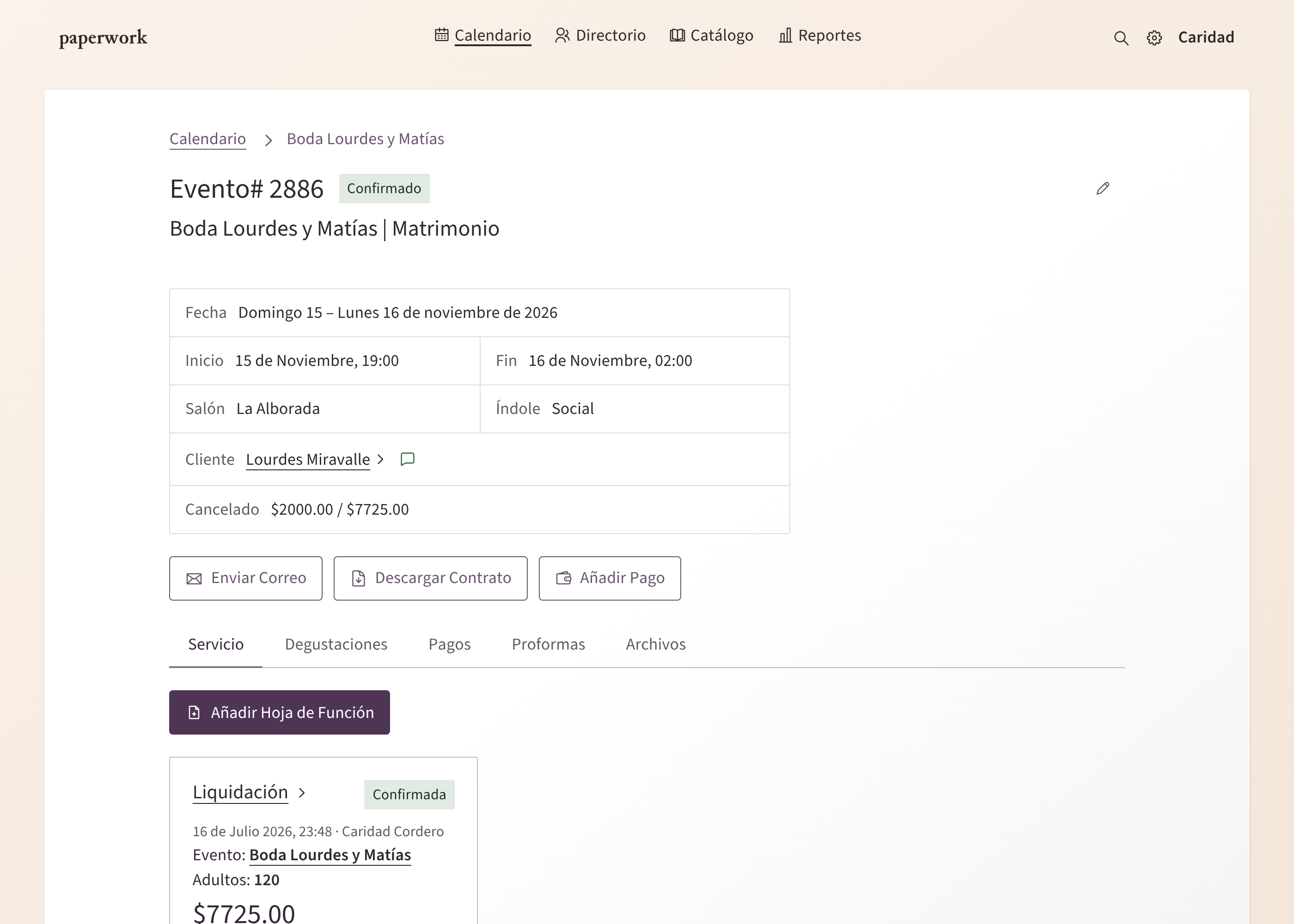 La página de un evento confirmado, con sus pestañas y la liquidación