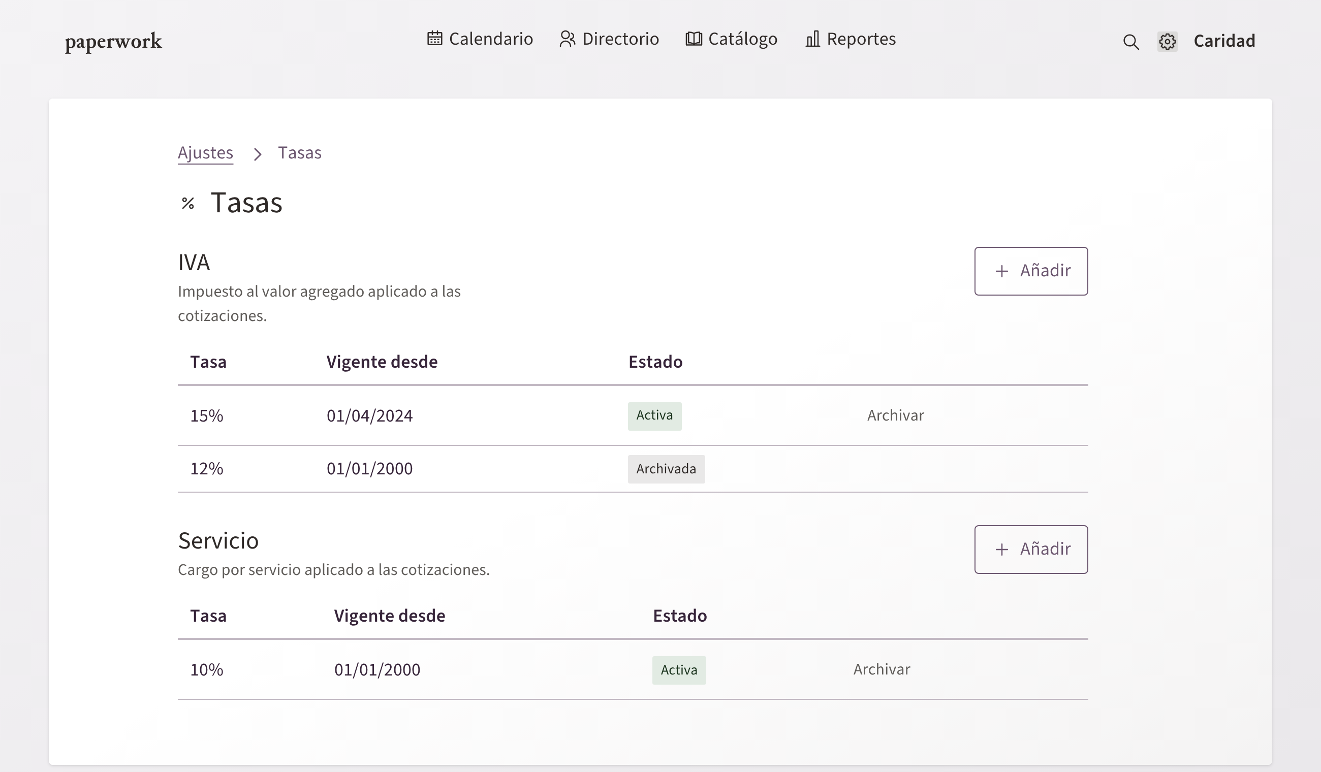 La página de Tasas de la Configuración: IVA y Servicio con sus fechas de vigencia