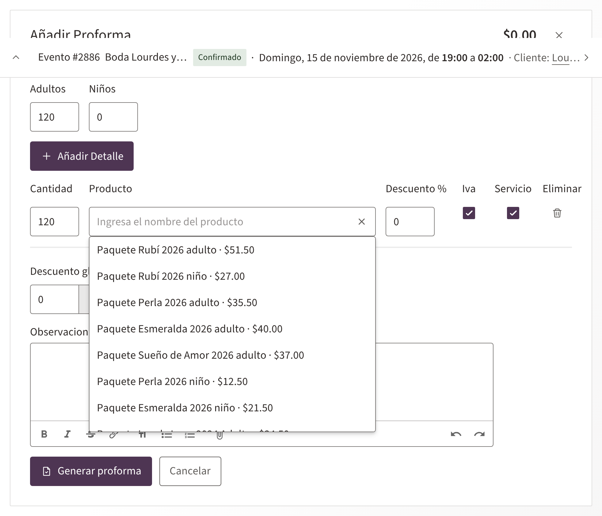 El formulario Añadir Proforma con una línea y el buscador de productos abierto